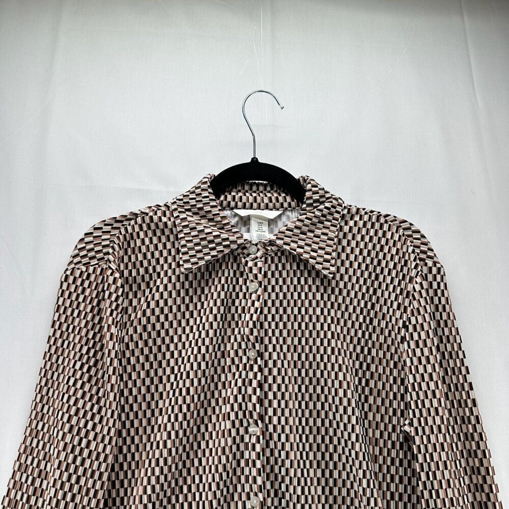 H&M Top Womens Size M Geometric Textured Jersey Button Front Long Sleeve Brown - Picture 3 of 12